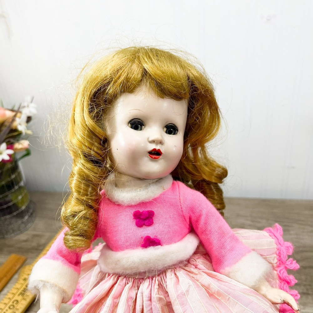 Vintage 12 Inch Hard Plastic Walker Doll Blonde Ringlets Pink White Gown Dress